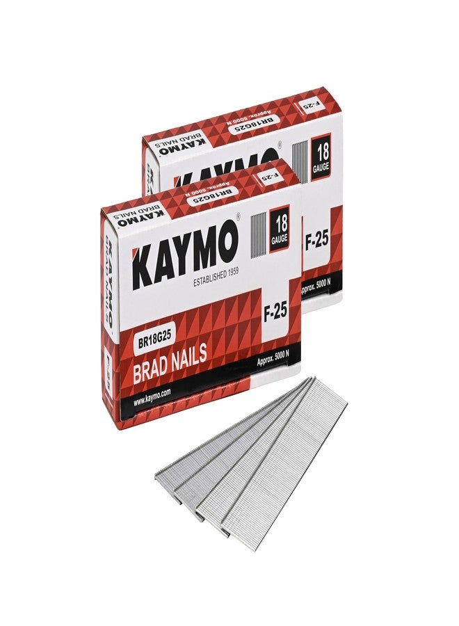 Kaymo F-Series 18G Brad Nails 25 mm - 2 Pack (10,000 Nails) | Heavy-Duty Steel Fasteners for Woodwork, Modular Kitchens, MDF, Canvas Art, Construction | Compatible with Kaymo Brad Nailers - Image 1